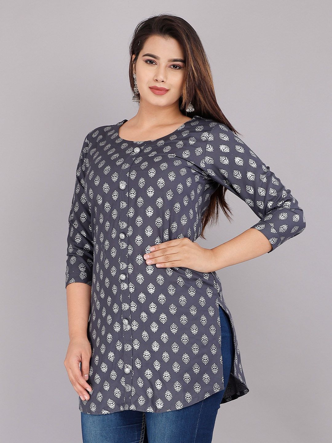 Dhimhi Women's Grey Print Viscose Rayon Longline Top