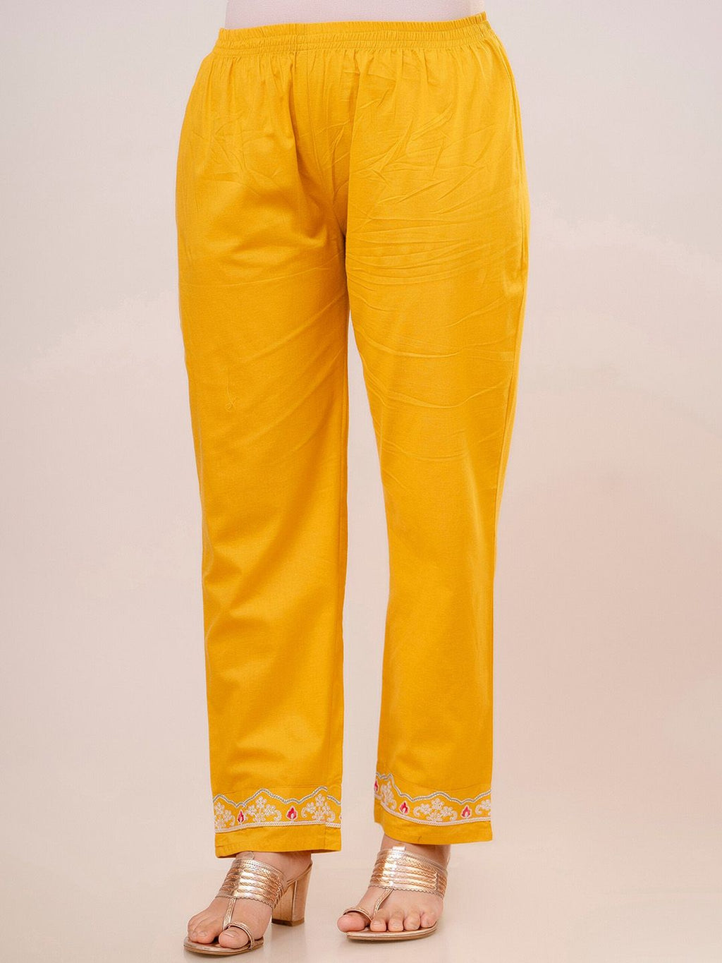 Dhimhi Women's Yellow Floral Embroidered Pure Cotton Empire Kurta With Trouser & Dupatta