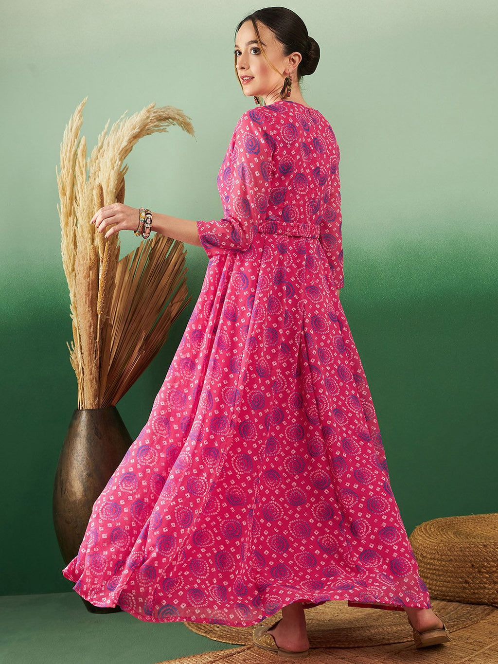 Dhimhi Women's Bandhani Printed Georgette Ethnic Maxi Fit & Flared Dress With Belted Detail