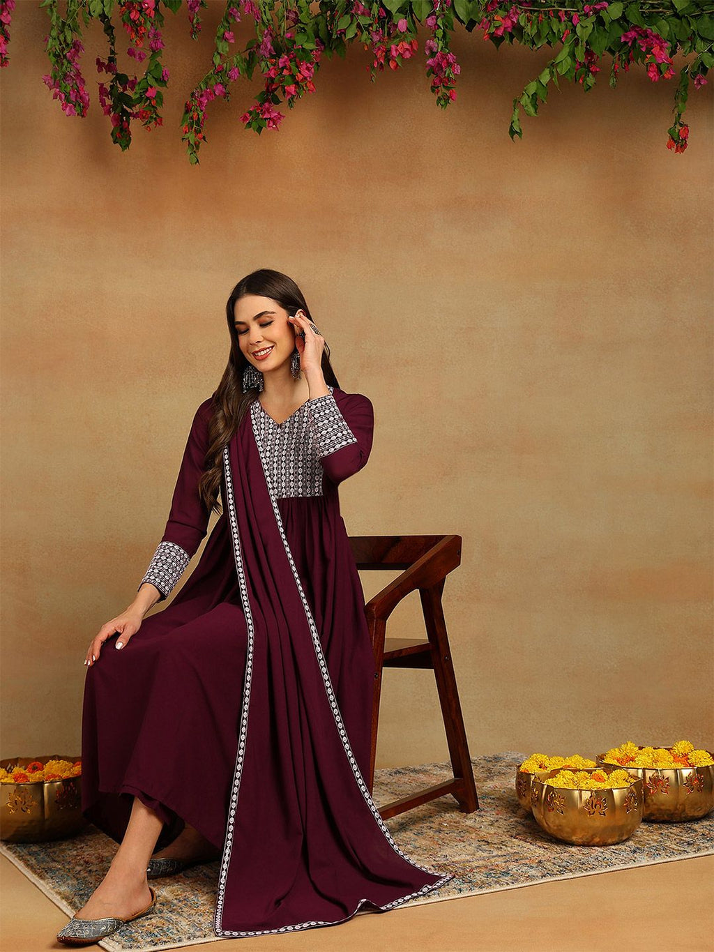 Dhimhi Women's Yoke Design V-Neck Thread Work Empire Kurta With Trouser & Dupatta