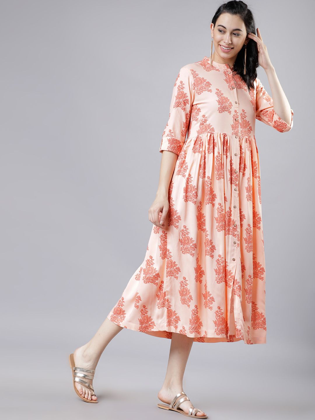 Dhimhi Women's Peach-Coloured Floral Print Fit and Flare Dress