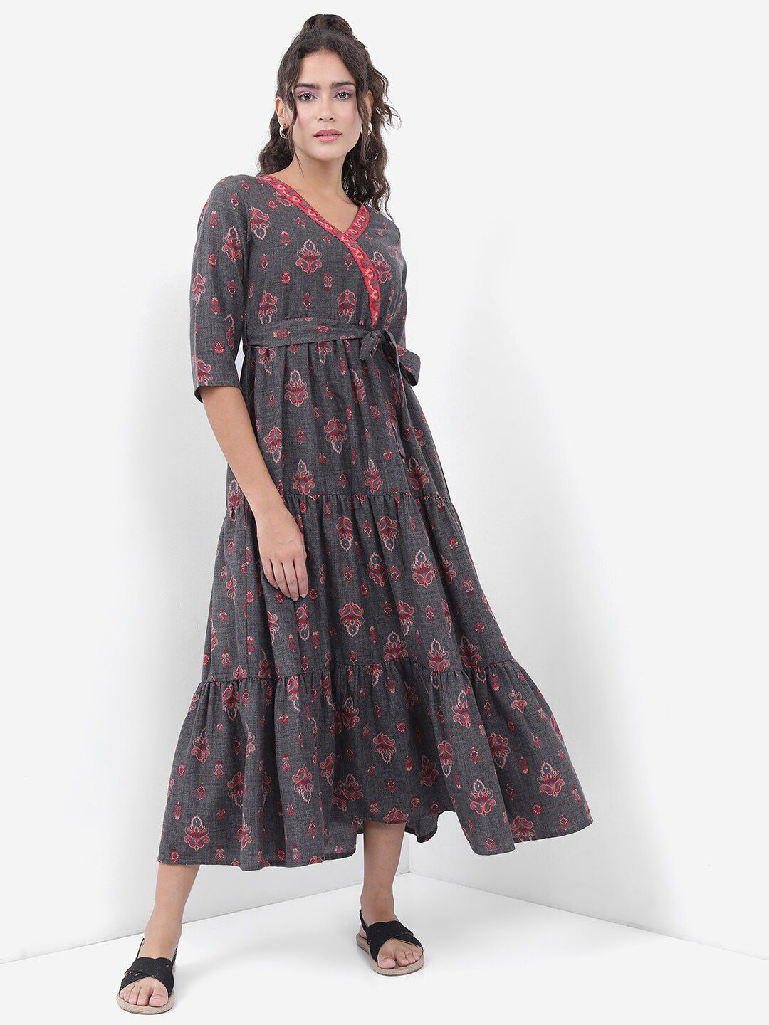 Dhimhi Women's Charcoal Ethnic Motif Printed Tiered Fit & Flare Midi Ethnic Dress