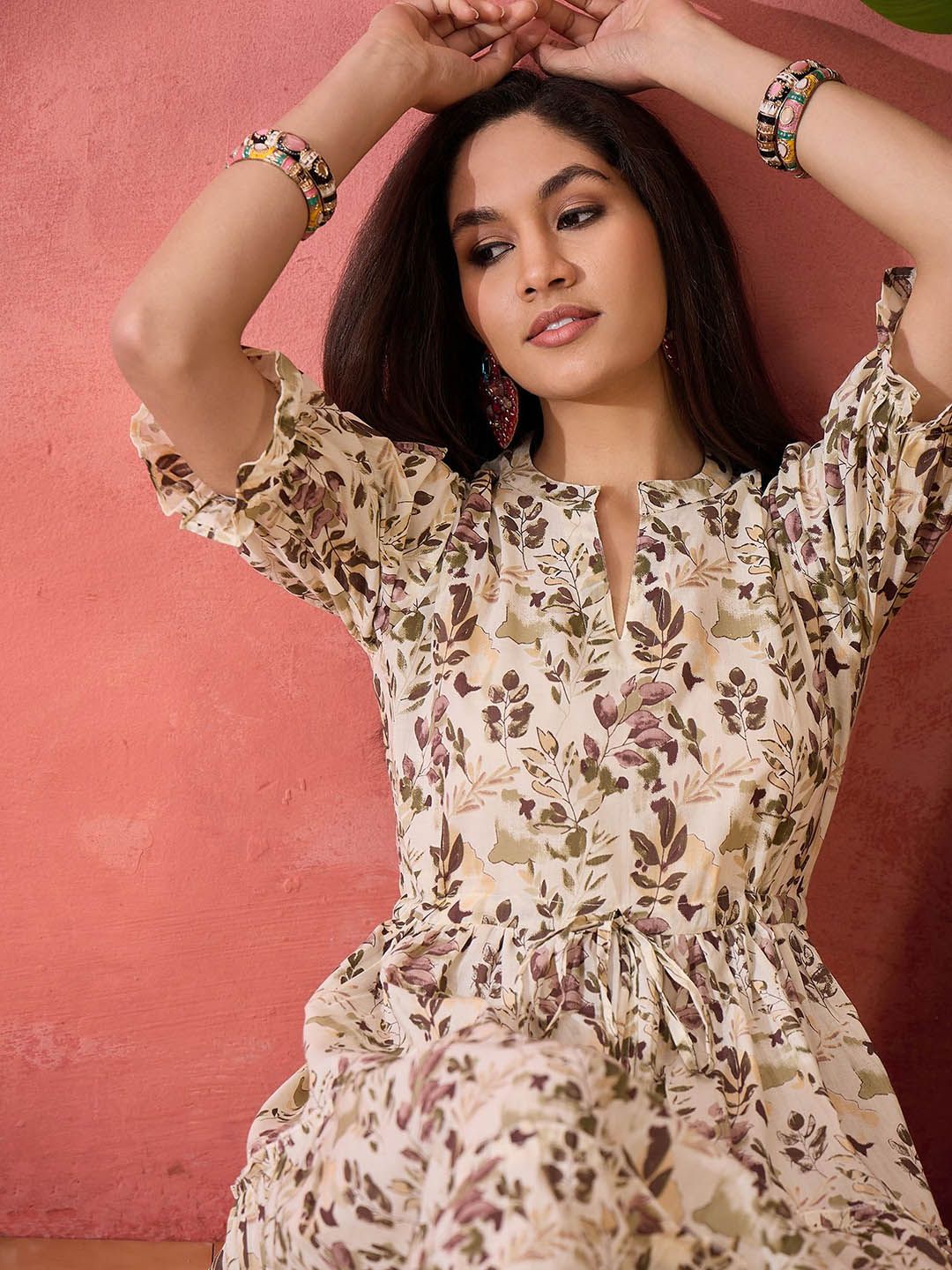 Dhimhi Women's Printed Pure Cotton A-Line Ethnic Dress