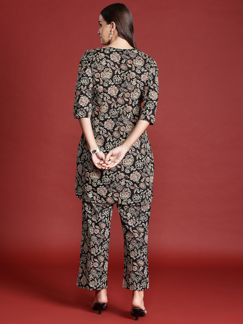 Dhimhi Women's Floral Print Cotton High-Low Kurta with Trousers