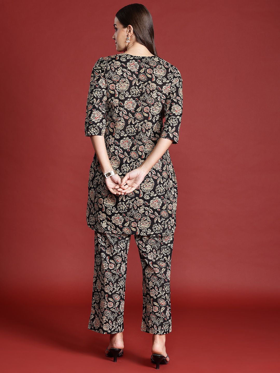 Dhimhi Women's Floral Print Cotton High-Low Kurta with Trousers