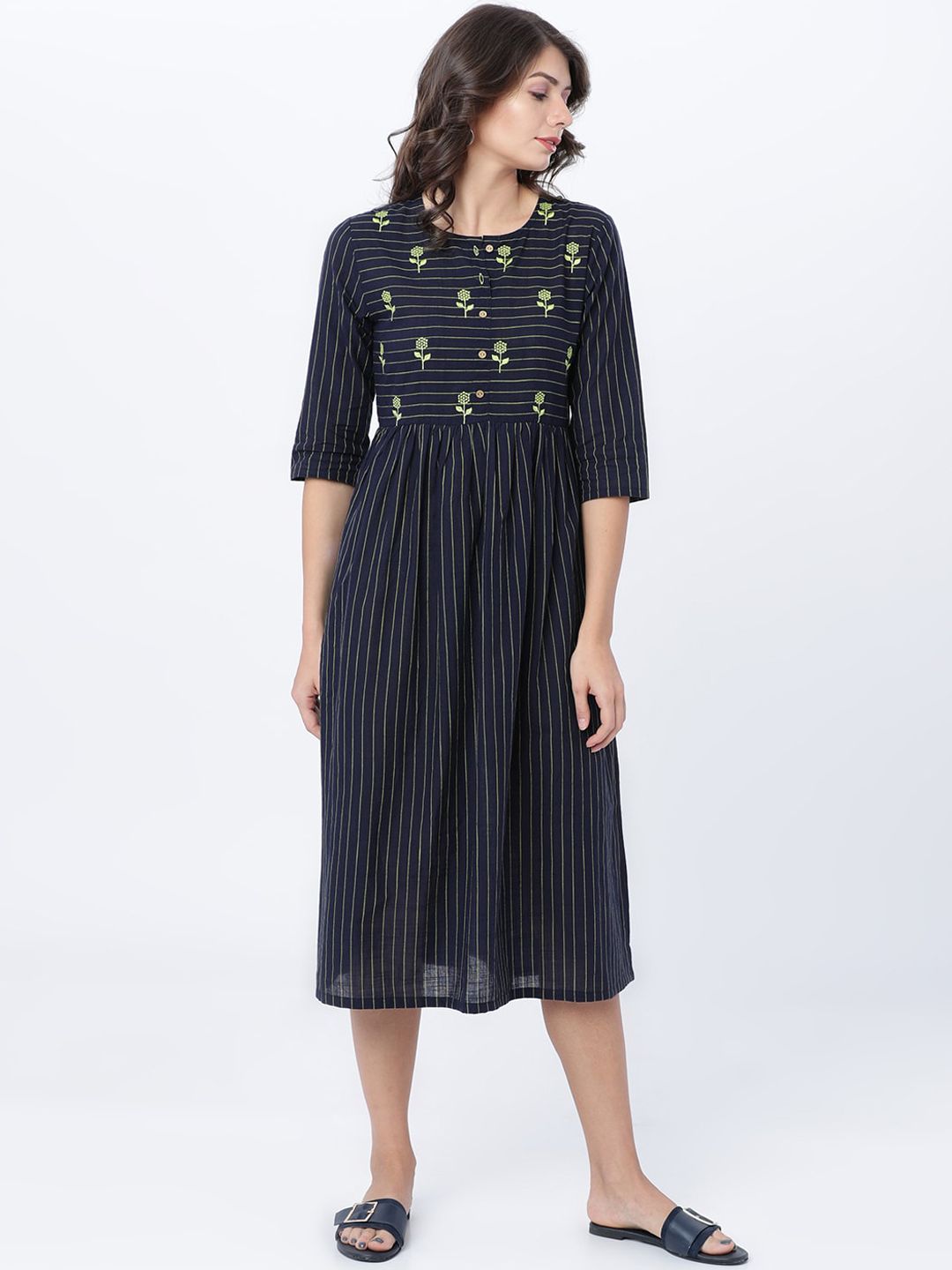 Dhimhi Women's Navy Blue Striped Fit and Flare Dress