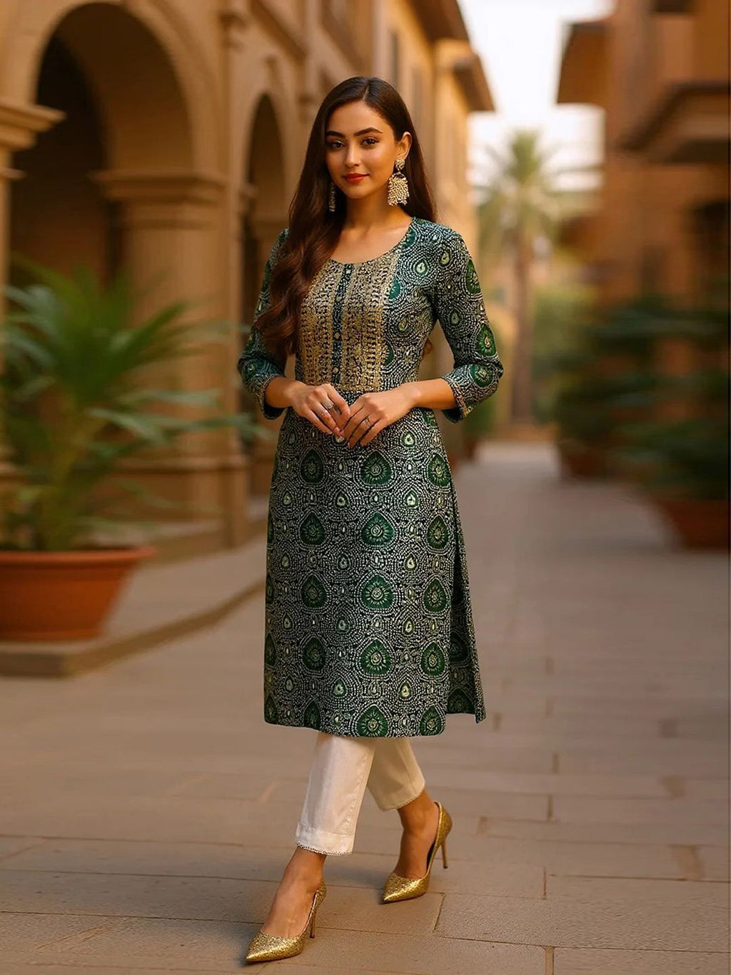 Round Neck Ethnic Motifs Printed Sequinned Kurta