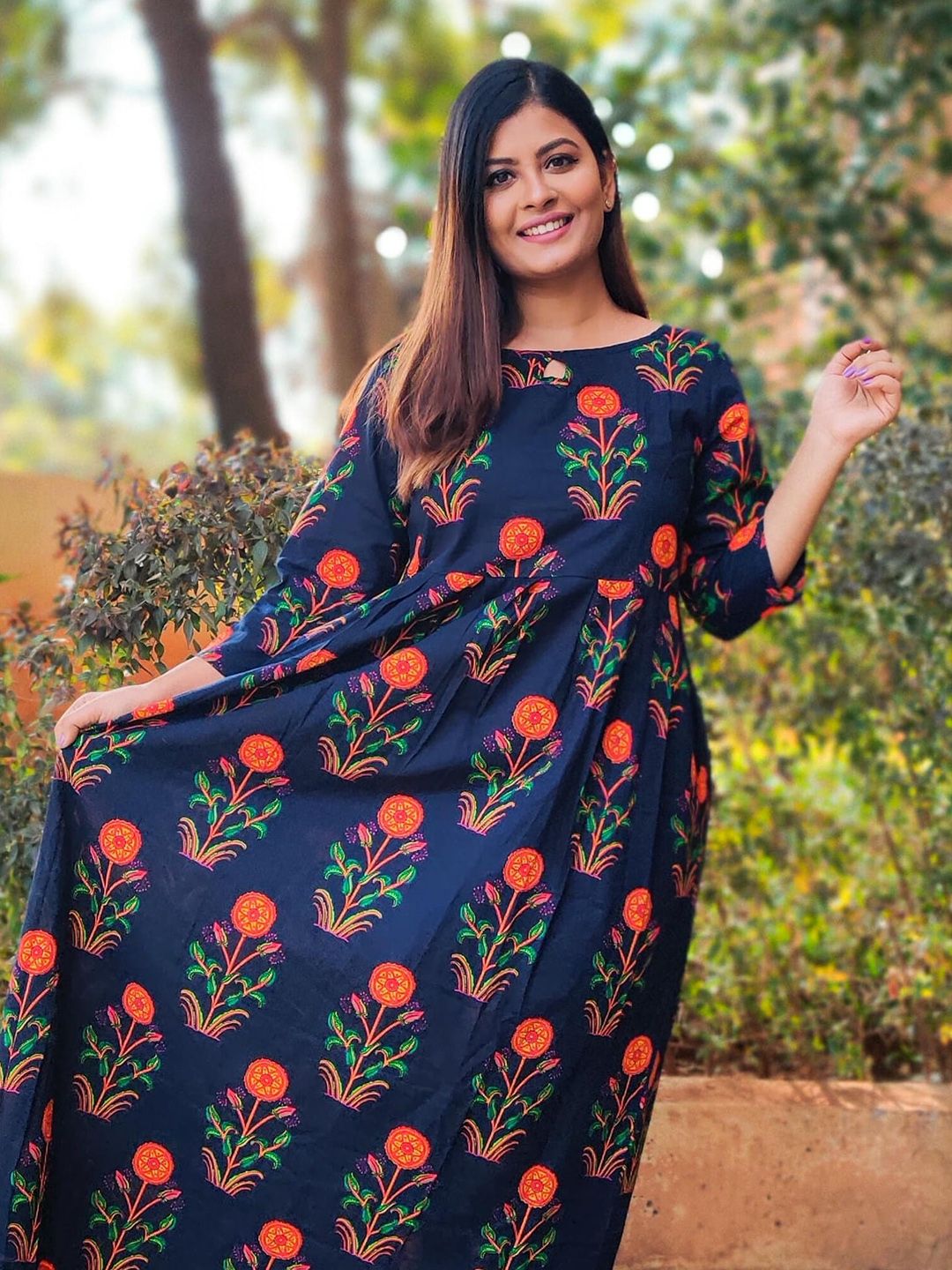 Dhimhi Women's Navy Blue Printed Fit and Flare Dress