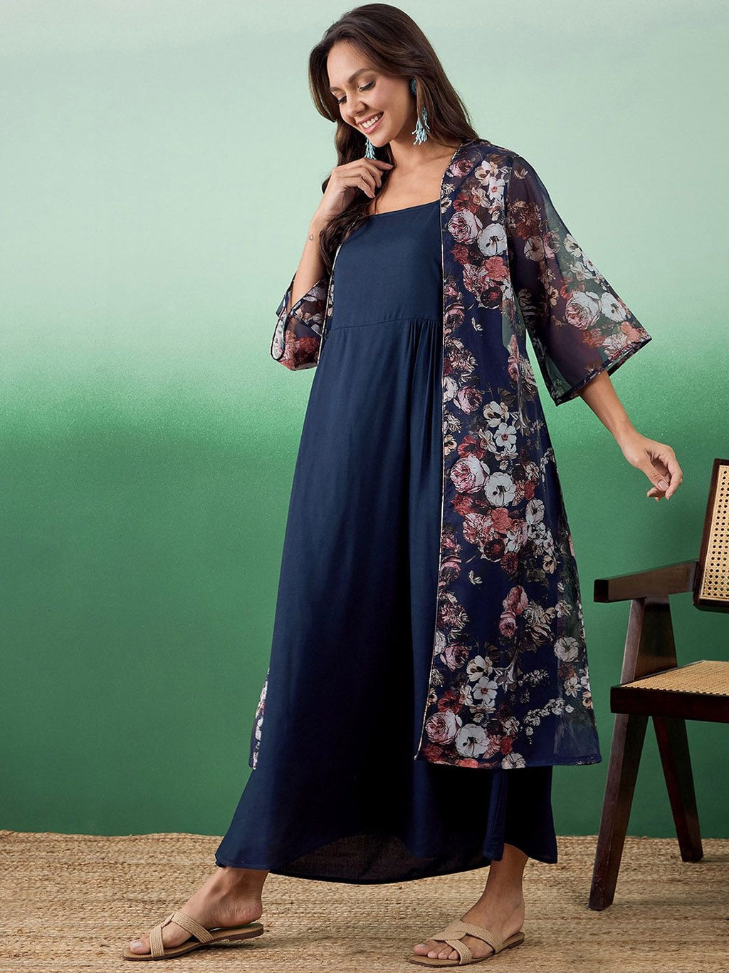 Dhimhi Women's Fit & Flare Ethnic Dress With Floral Printed Jacket