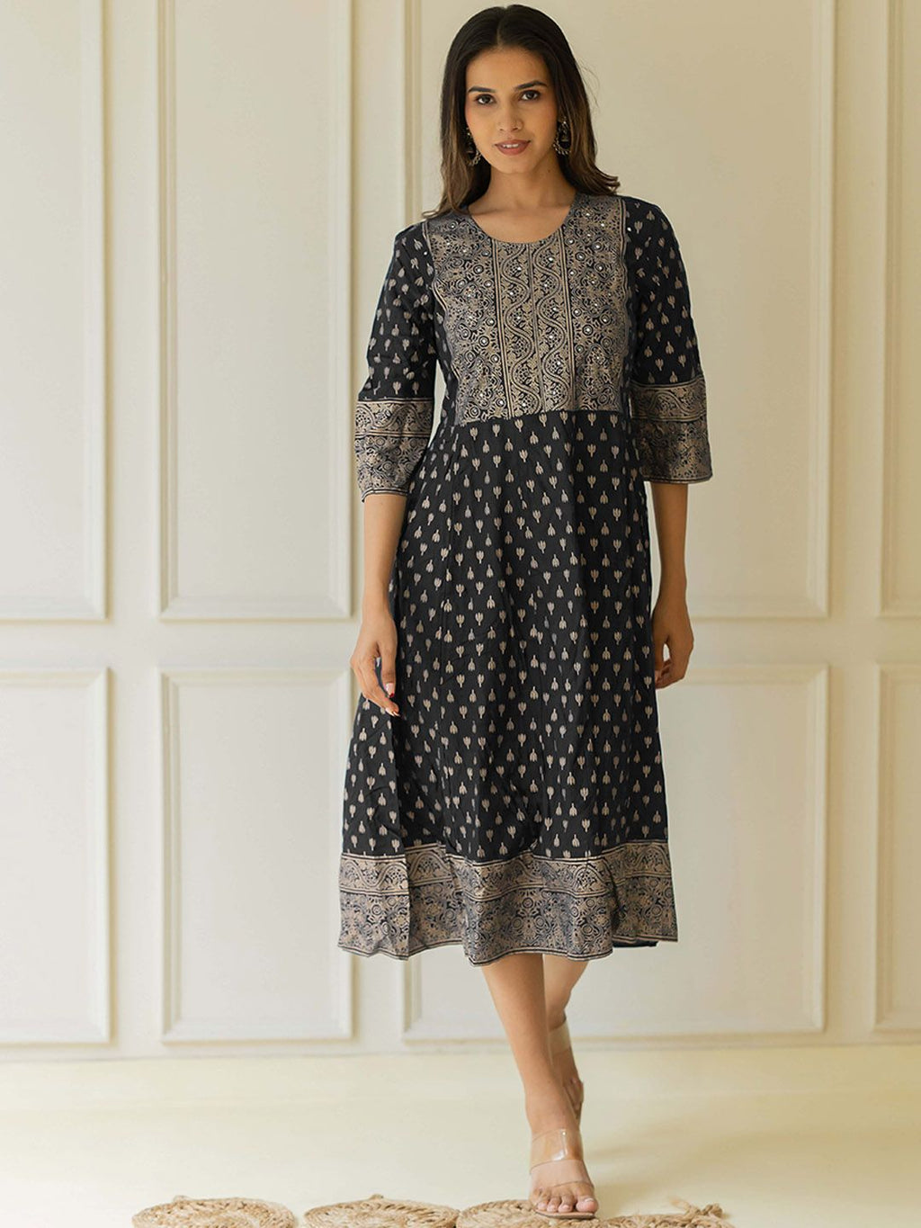 Dhimhi Women's Floral Printed Round Neck Cotton Fit & Flare Midi Ethnic Dress