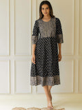 Dhimhi Women's Floral Printed Round Neck Cotton Fit & Flare Midi Ethnic Dress