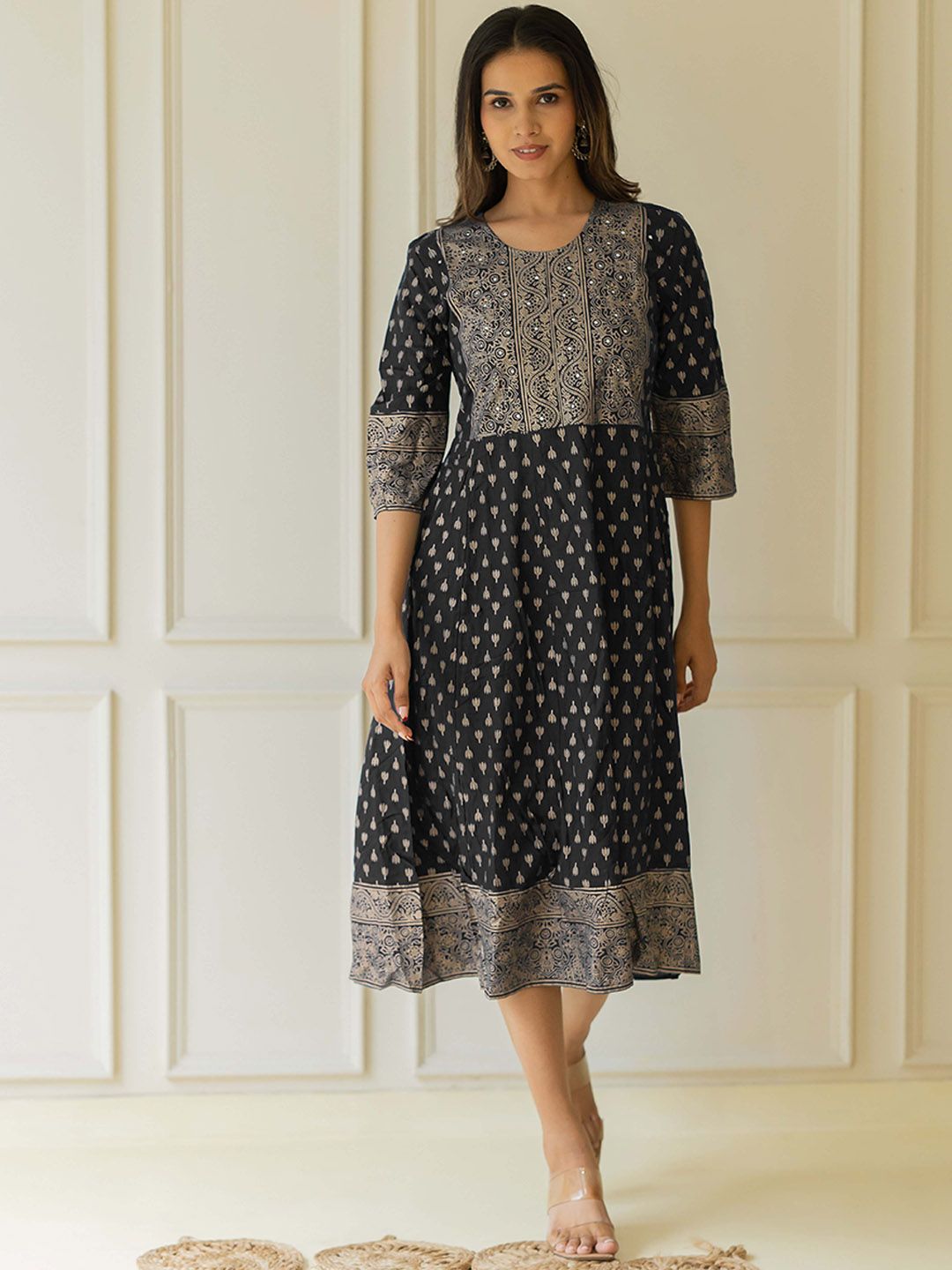 Dhimhi Women's Floral Printed Round Neck Cotton Fit & Flare Midi Ethnic Dress