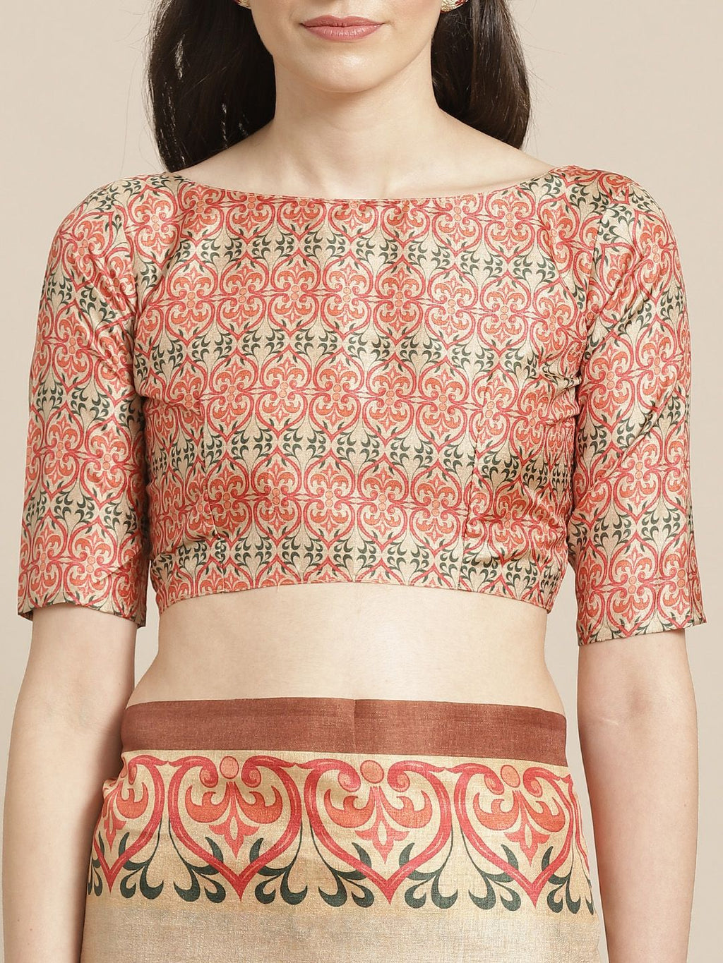 Dhimhi Women's Beige & Rust Orange Solid Saree