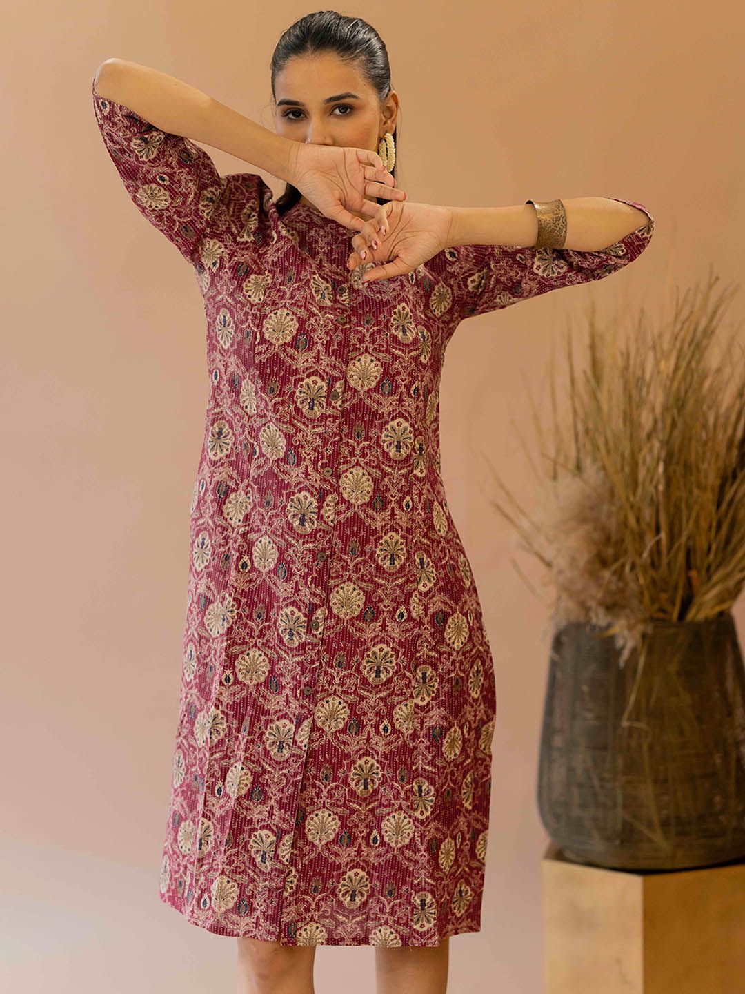 Ajrakh Printed Kantha Work Mandarin Collar Cotton A-line Kurta