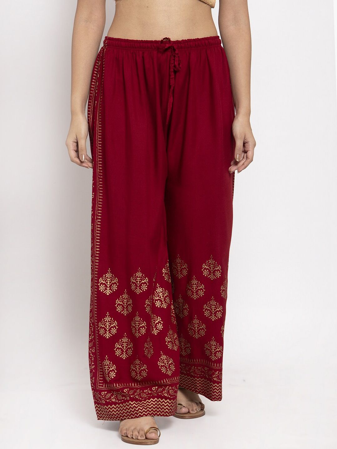 Dhimhi Women's Maroon & Gold-Toned Floral Printed Ethnic Palazzos
