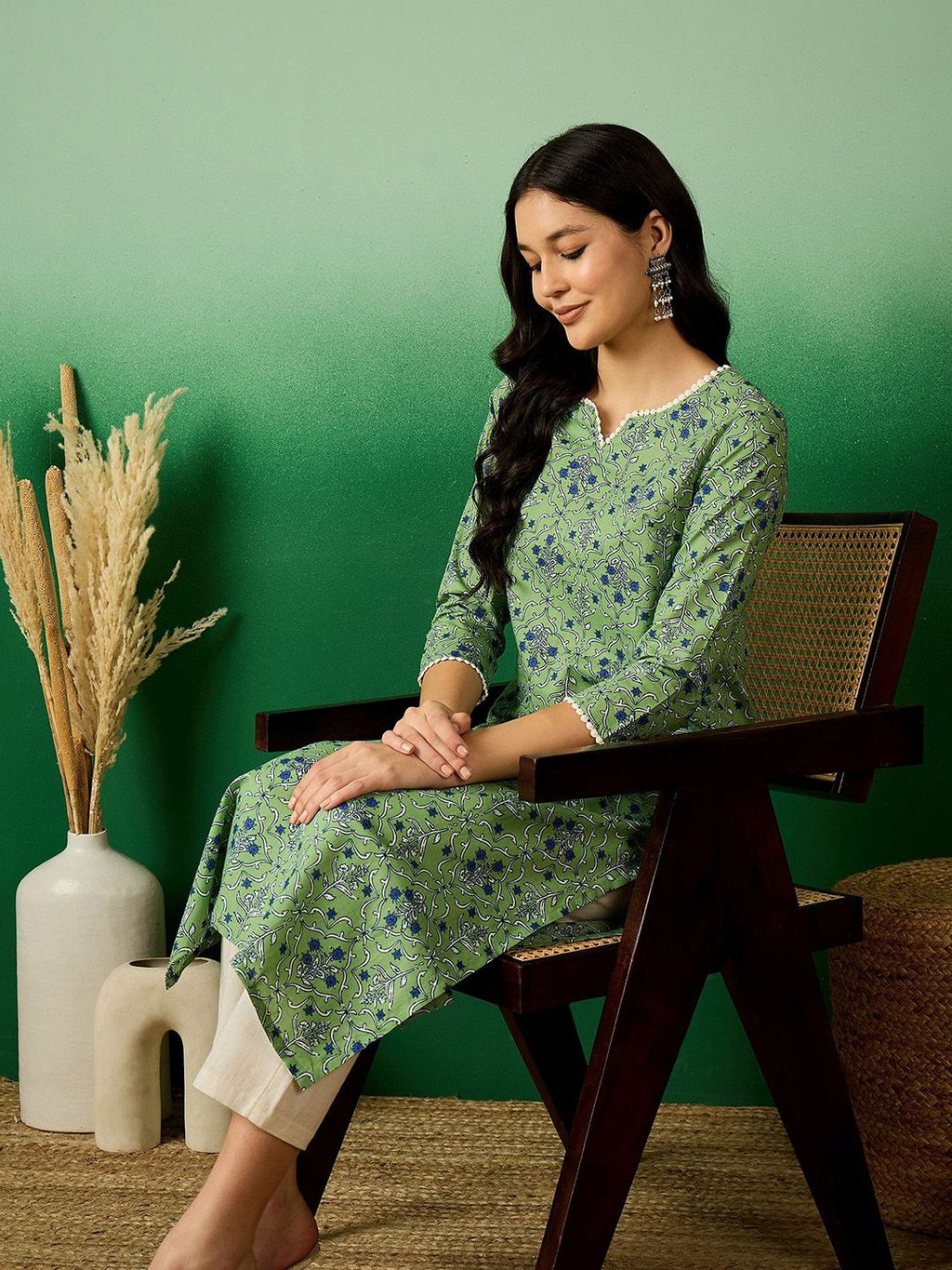 Green & Blue Floral Printed Notch Neck Pure Cotton Straight Kurta
