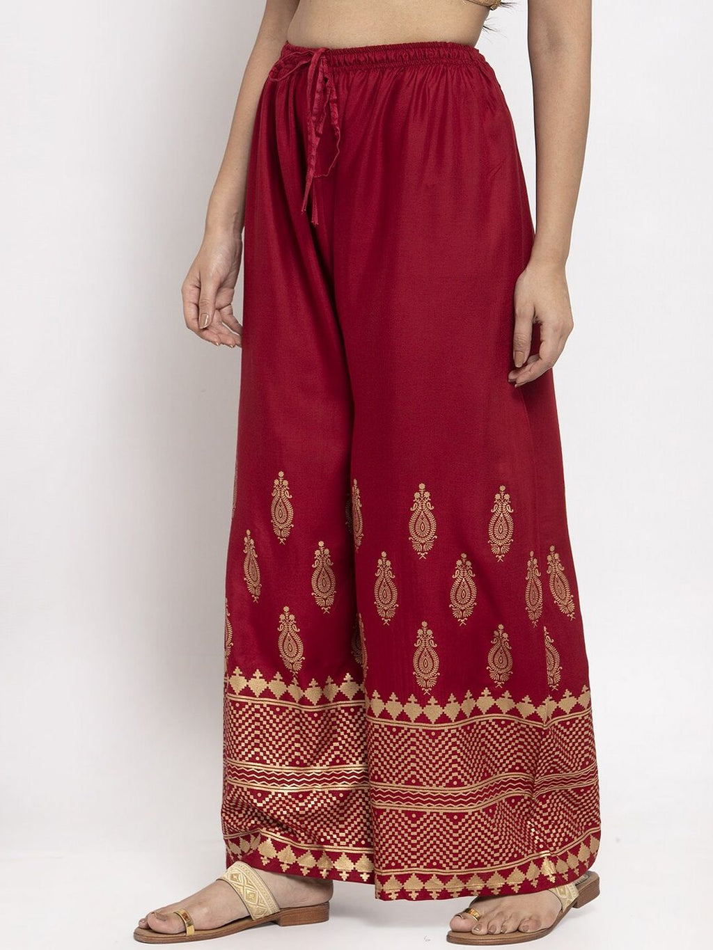 Dhimhi Women's Maroon & Gold-Coloured Printed Straight Palazzos