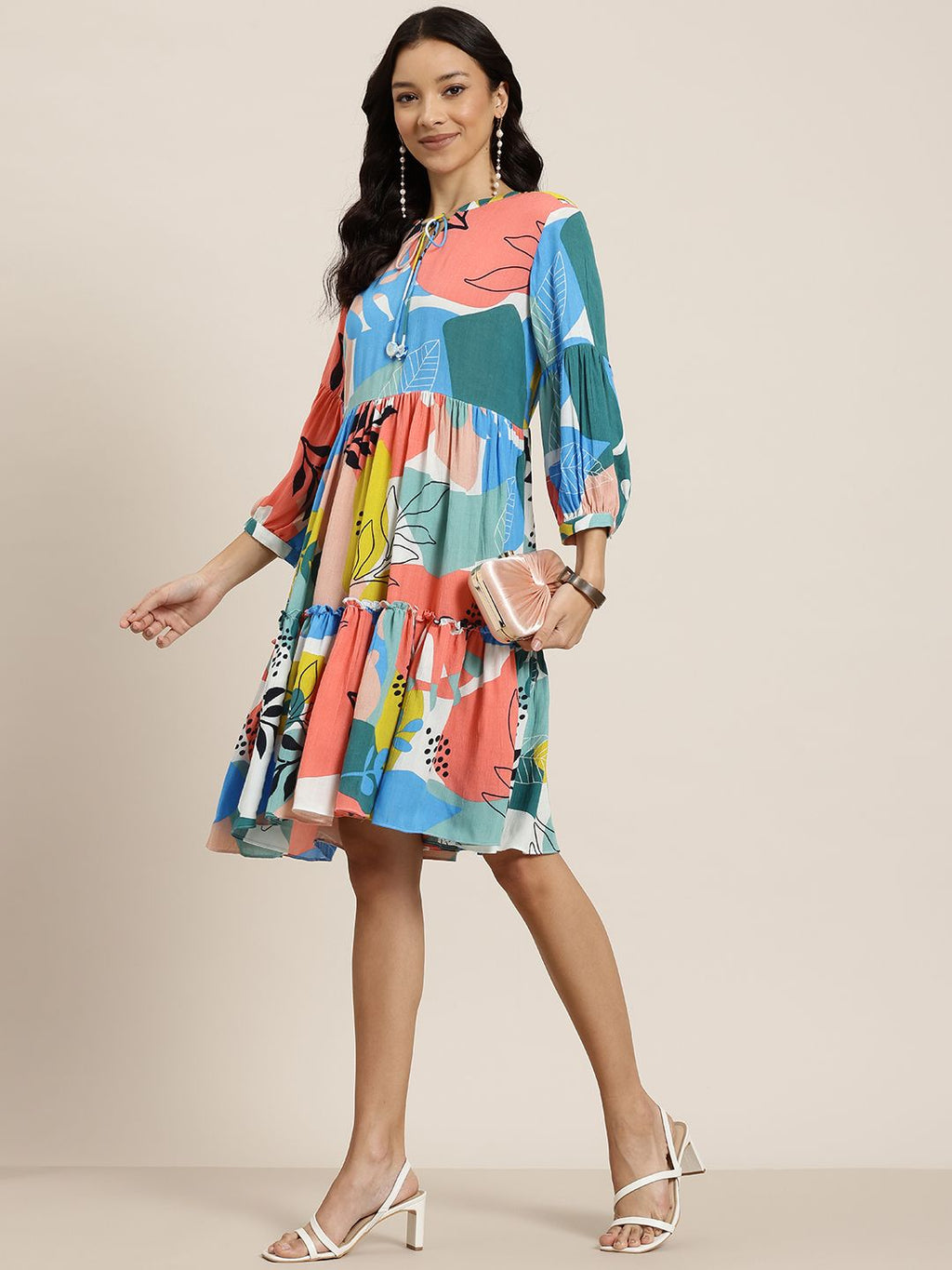 Dhimhi Women's Floral Print Puff Sleeves Tie-Up Neck Tiered Dress