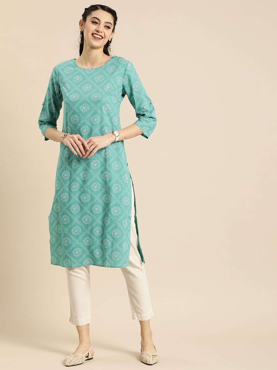 Women Green Bandhani Printed Summer Sheers Kurta