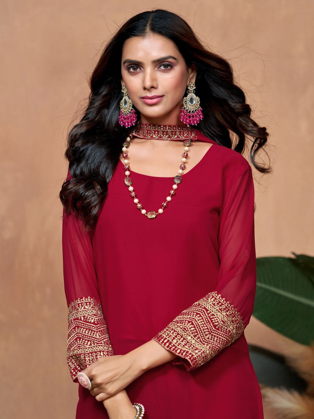 Dhimhi women's embroidered kurta and dupatta set with intricate embroidery and matching fabric for traditional Indian attire.