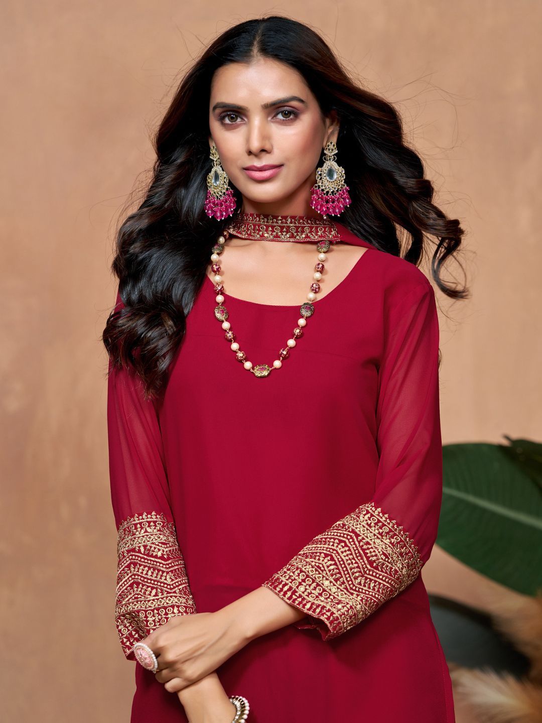 Dhimhi women's embroidered kurta and dupatta set with intricate embroidery and matching fabric for traditional Indian attire.