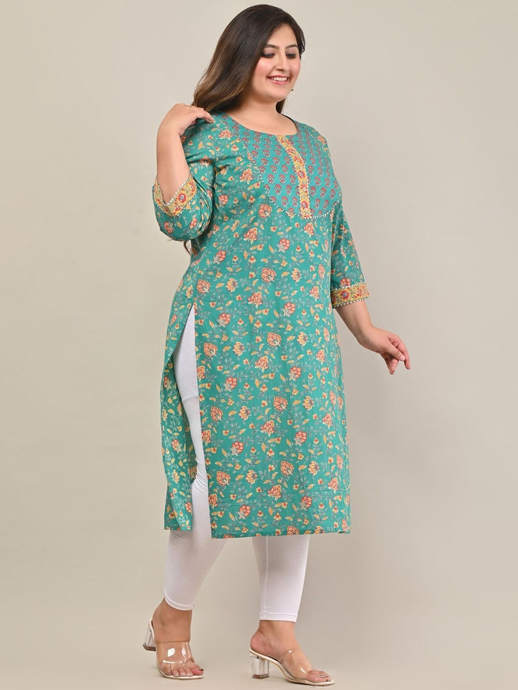 Floral Printed Thread Work Floral Straight Kurta