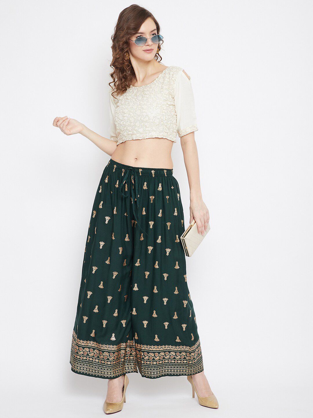 Dhimhi Women's Green & Gold-Toned Printed Flared Knitted Ethnic Palazzos