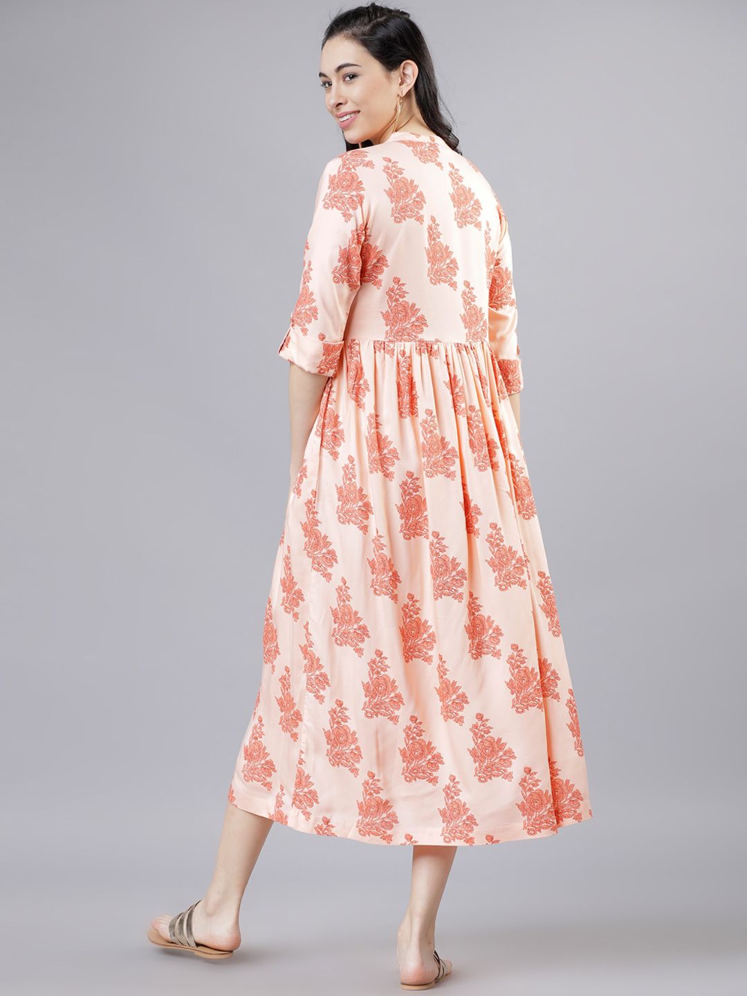 Dhimhi Women's Peach-Coloured Floral Print Fit and Flare Dress