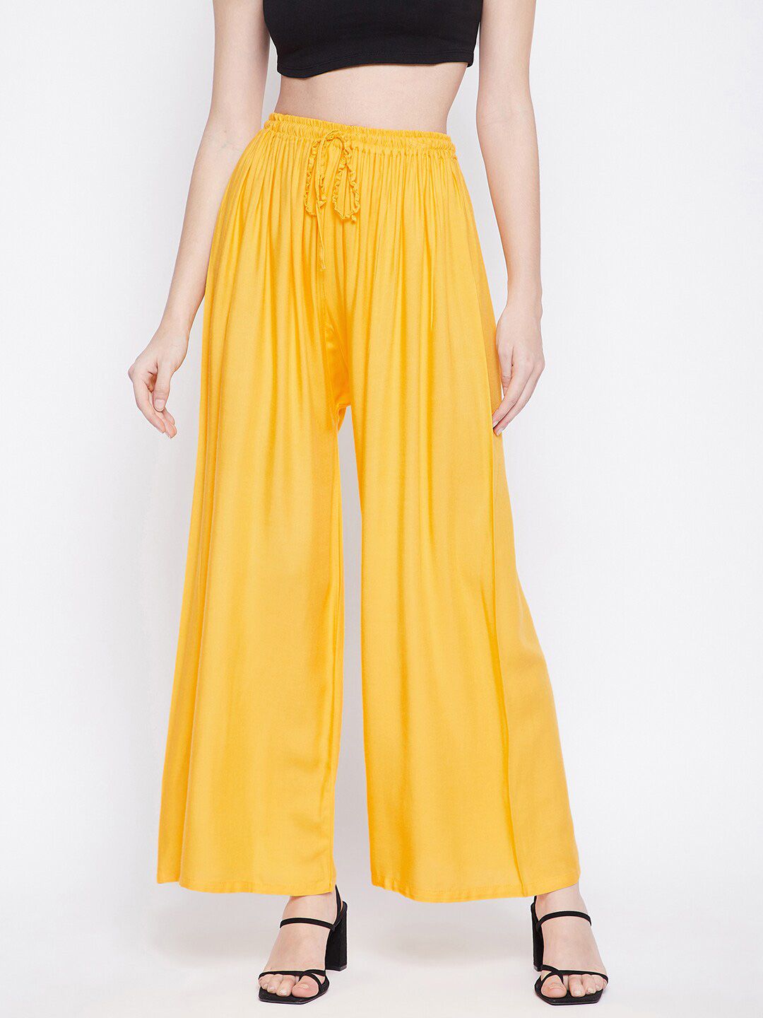 Dhimhi Women's Yellow Flared Knitted Palazzos