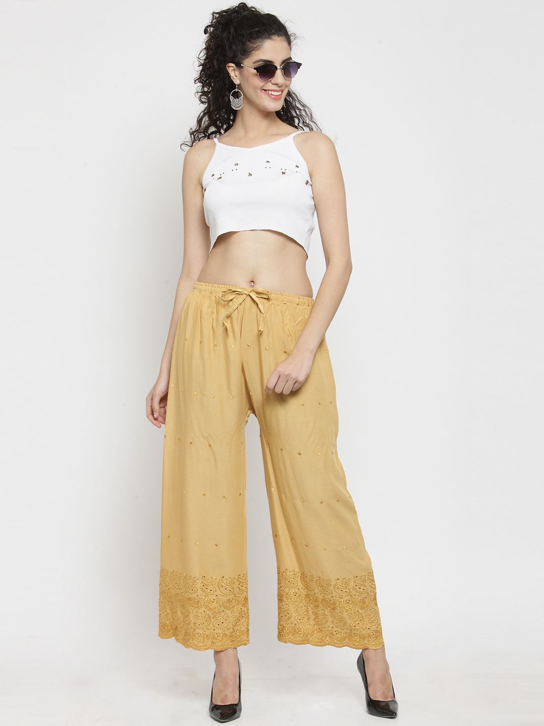 Dhimhi Women's Beige Embroidered Straight Palazzos