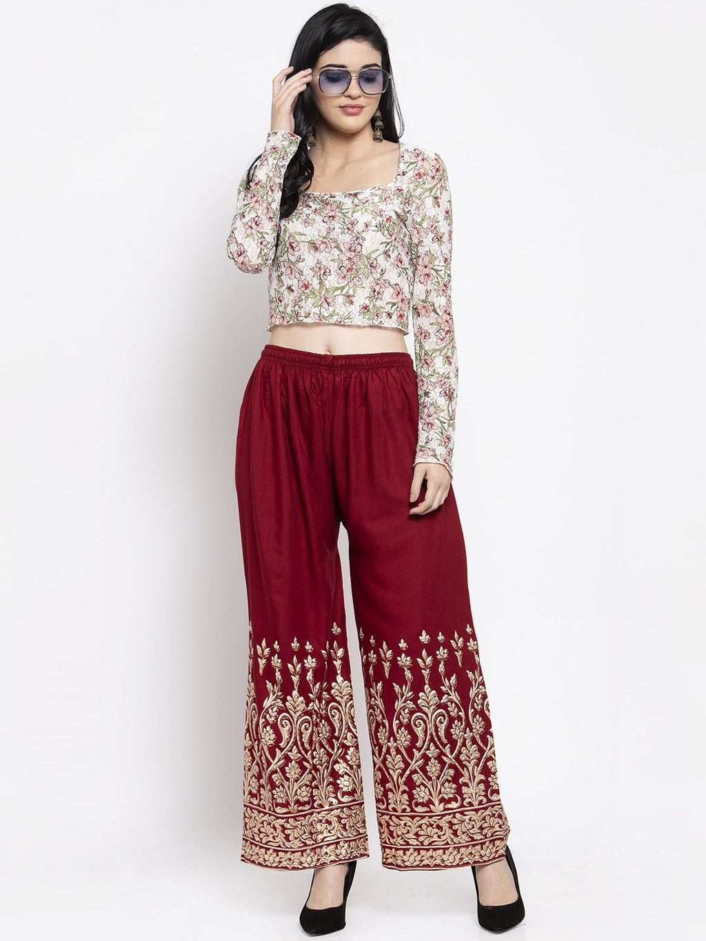 Dhimhi Women's Maroon Printed Wide Leg Palazzos