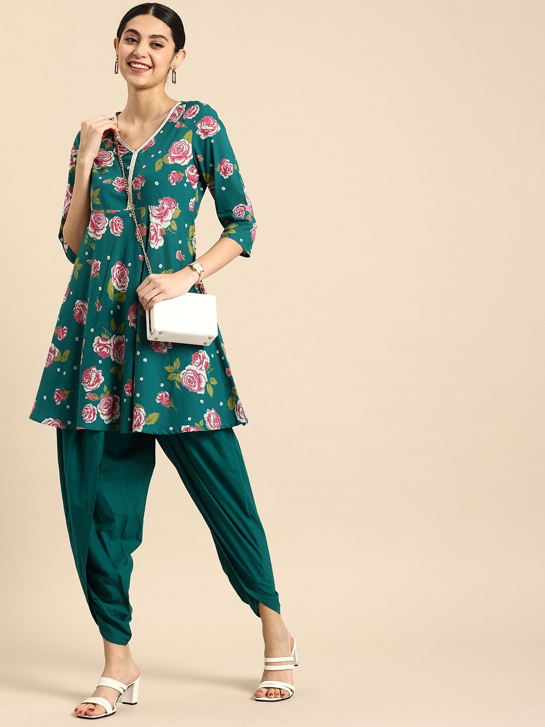 Dhimhi Women's Floral Printed Empire Style Pure Cotton Kurti with Dhoti Pants