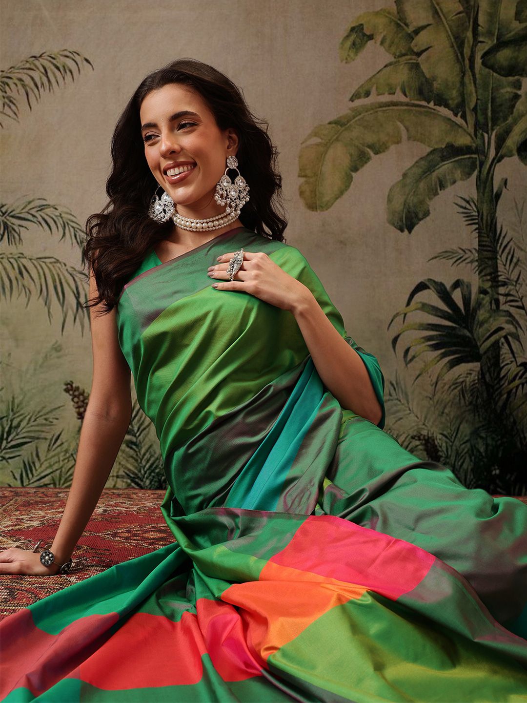 Dhimhi Women's Soft Uppada Silk Arani Colorblock Banarasi Saree