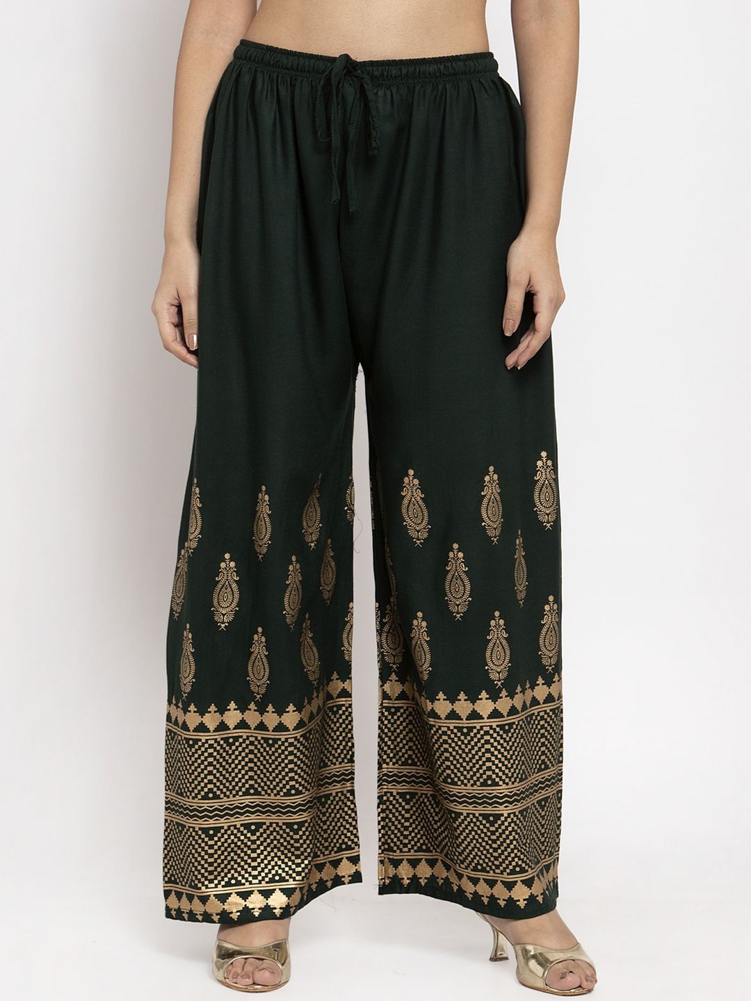 Dhimhi Women's Green & Gold-Coloured Floral Printed Straight Palazzos