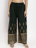 Dhimhi Women's Green & Gold-Coloured Floral Printed Straight Palazzos