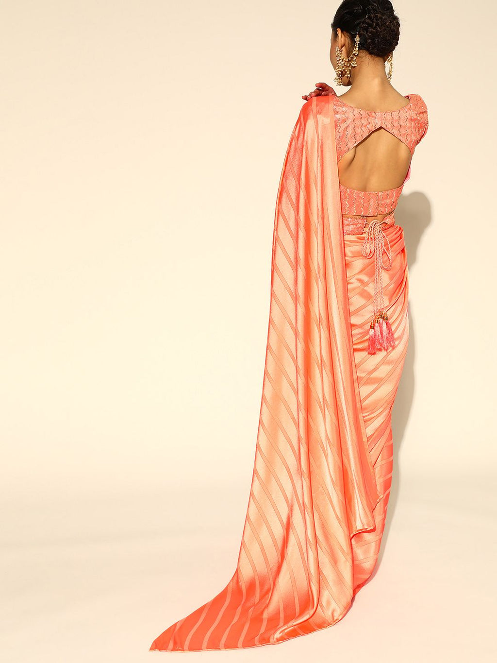 Dhimhi Women's Orange Striped Satin Party Wear Saree with Matching Blouse