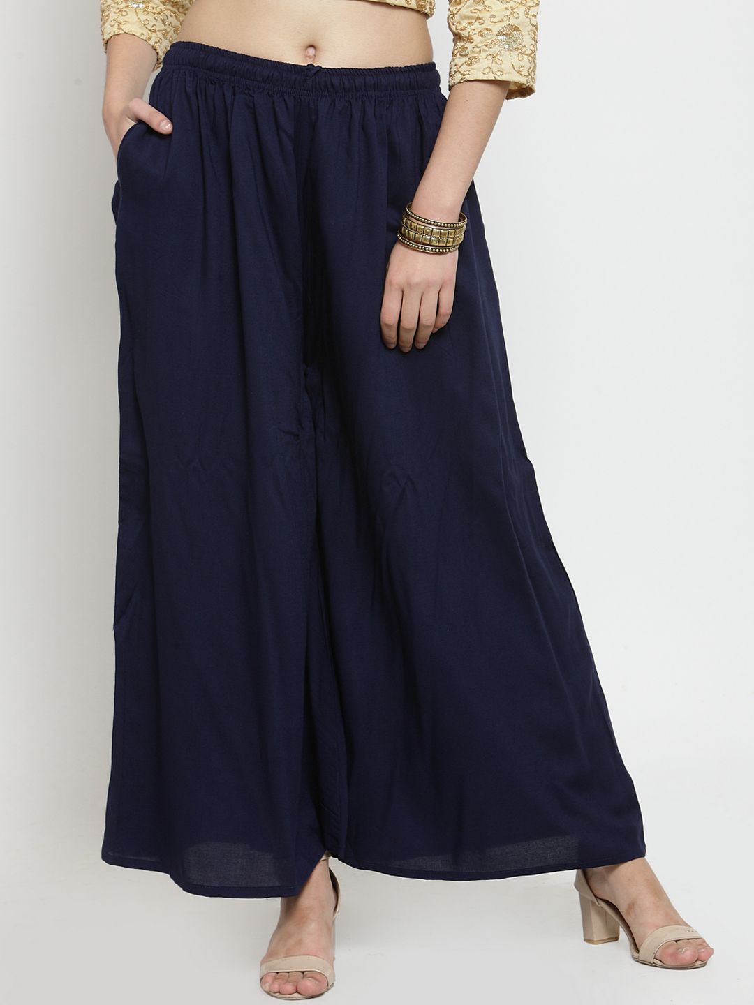 Dhimhi Women's Navy Blue Solid Flared Palazzos