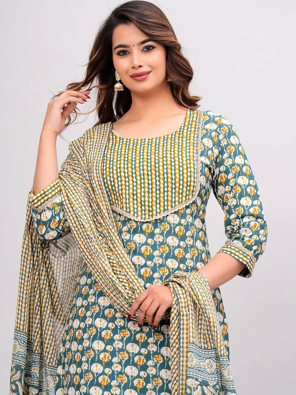 Dhimhi Women Abstract Printed Cotton Kurta with Trousers & Dupatta