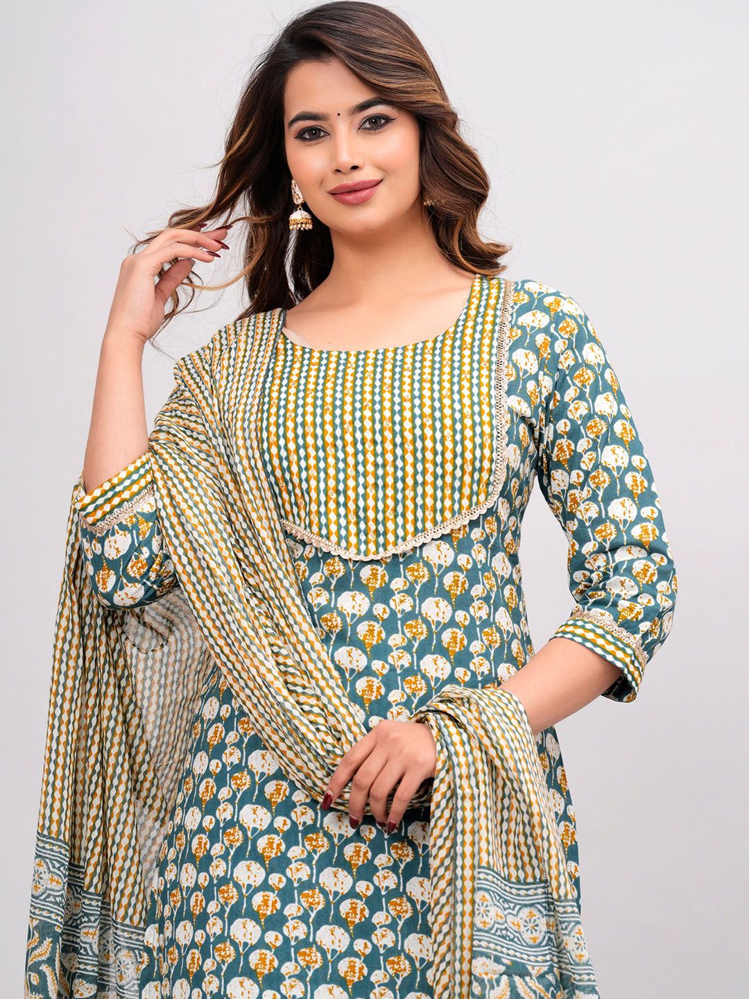 Dhimhi Women Abstract Printed Cotton Kurta with Trousers & Dupatta