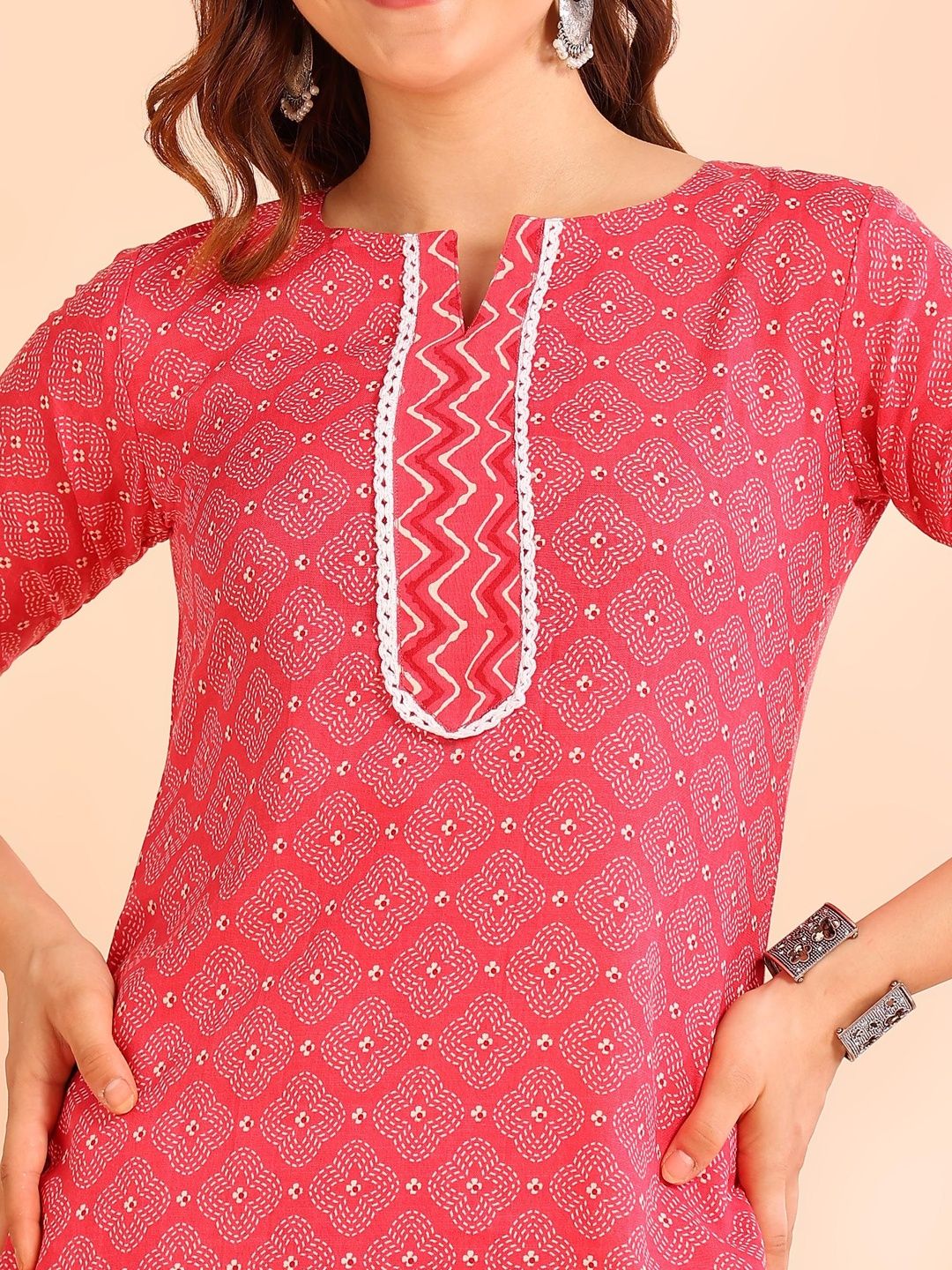 Dhimhi women's geometric printed kurti set with round neck straight kurti, matching trousers, and dupatta displayed on a model.