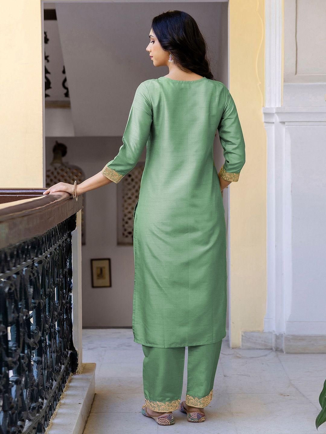 Dhimhi Women's Green Silk Blend Embroidered Straight Kurta Trousers With Dupatta