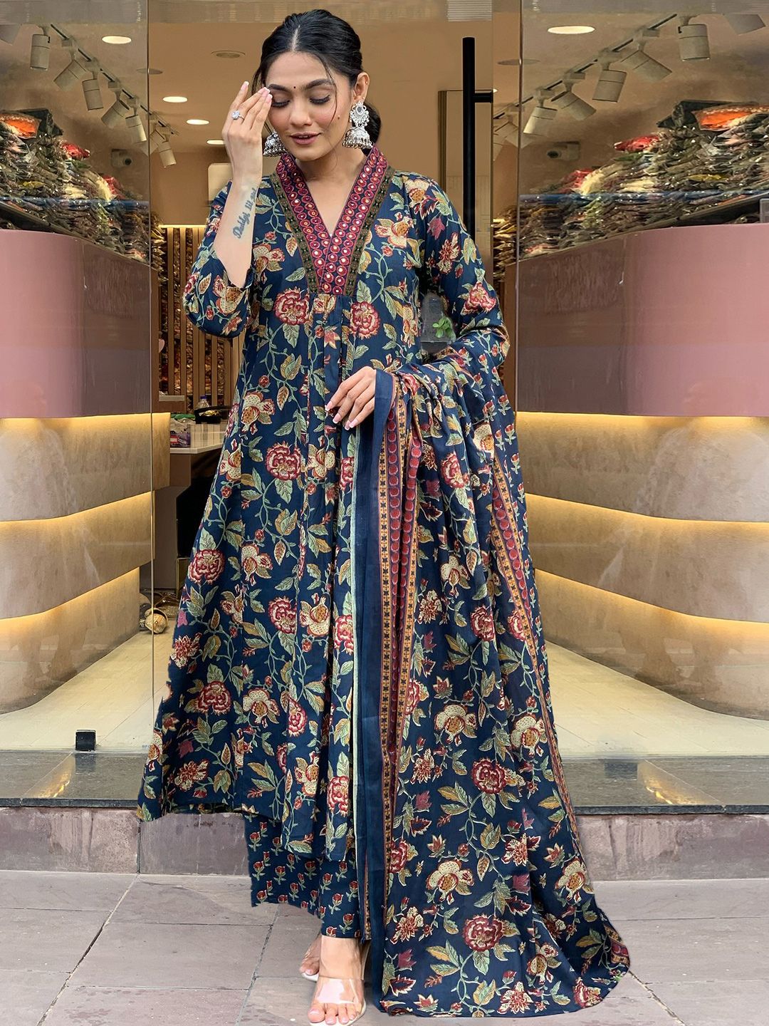 Dhimhi Women's Floral Printed V-Neck Anarkali Kurta with Palazzos & Dupatta