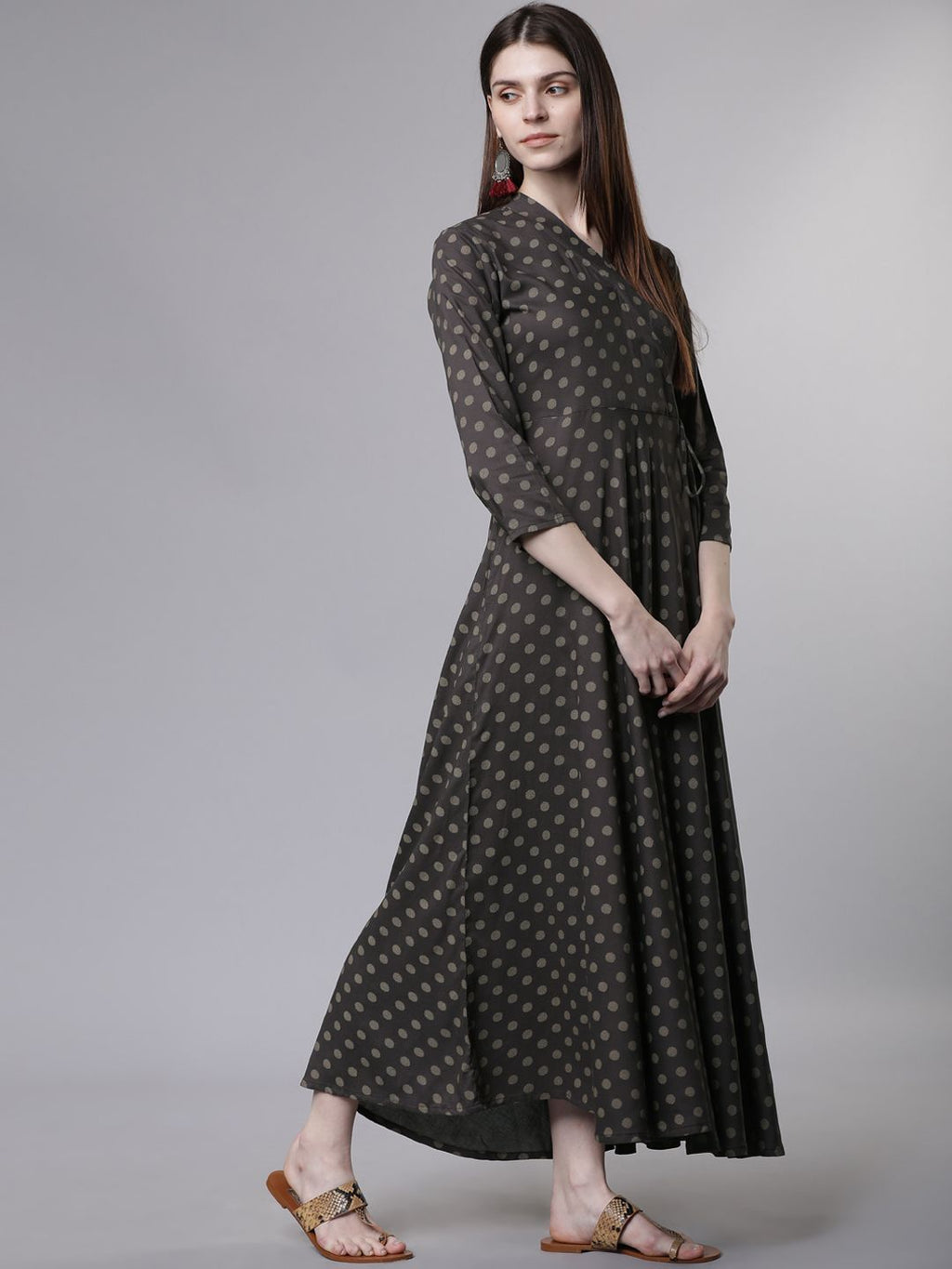 Dhimhi Women's Charcoal Grey Printed Fit and Flare Ethnic Dress