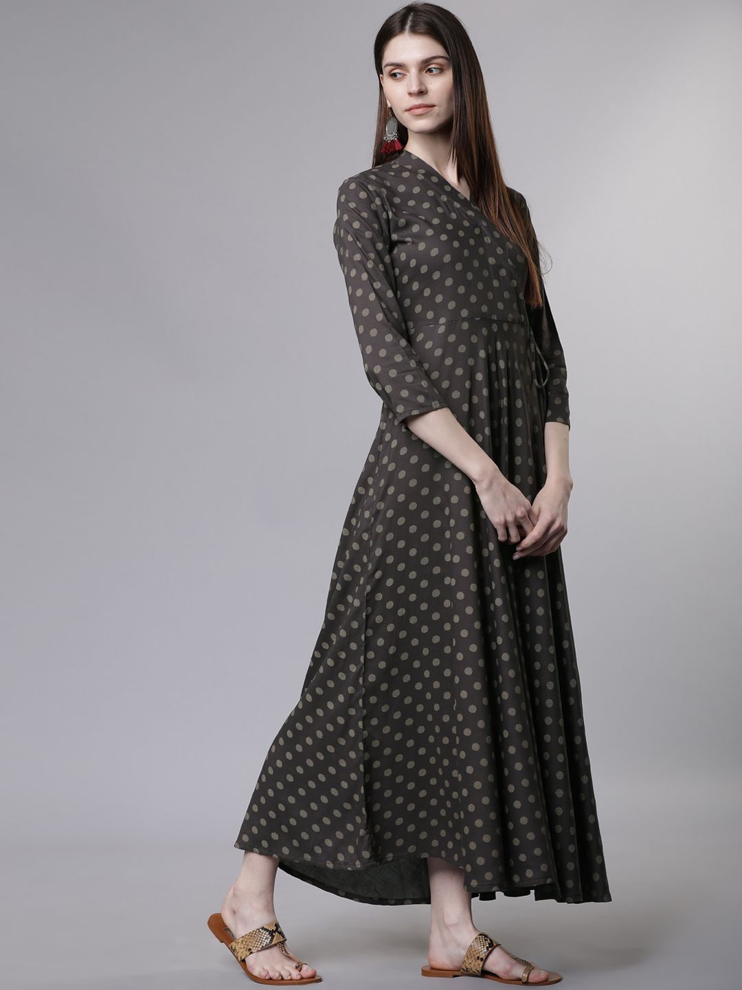 Dhimhi Women's Charcoal Grey Printed Fit and Flare Ethnic Dress