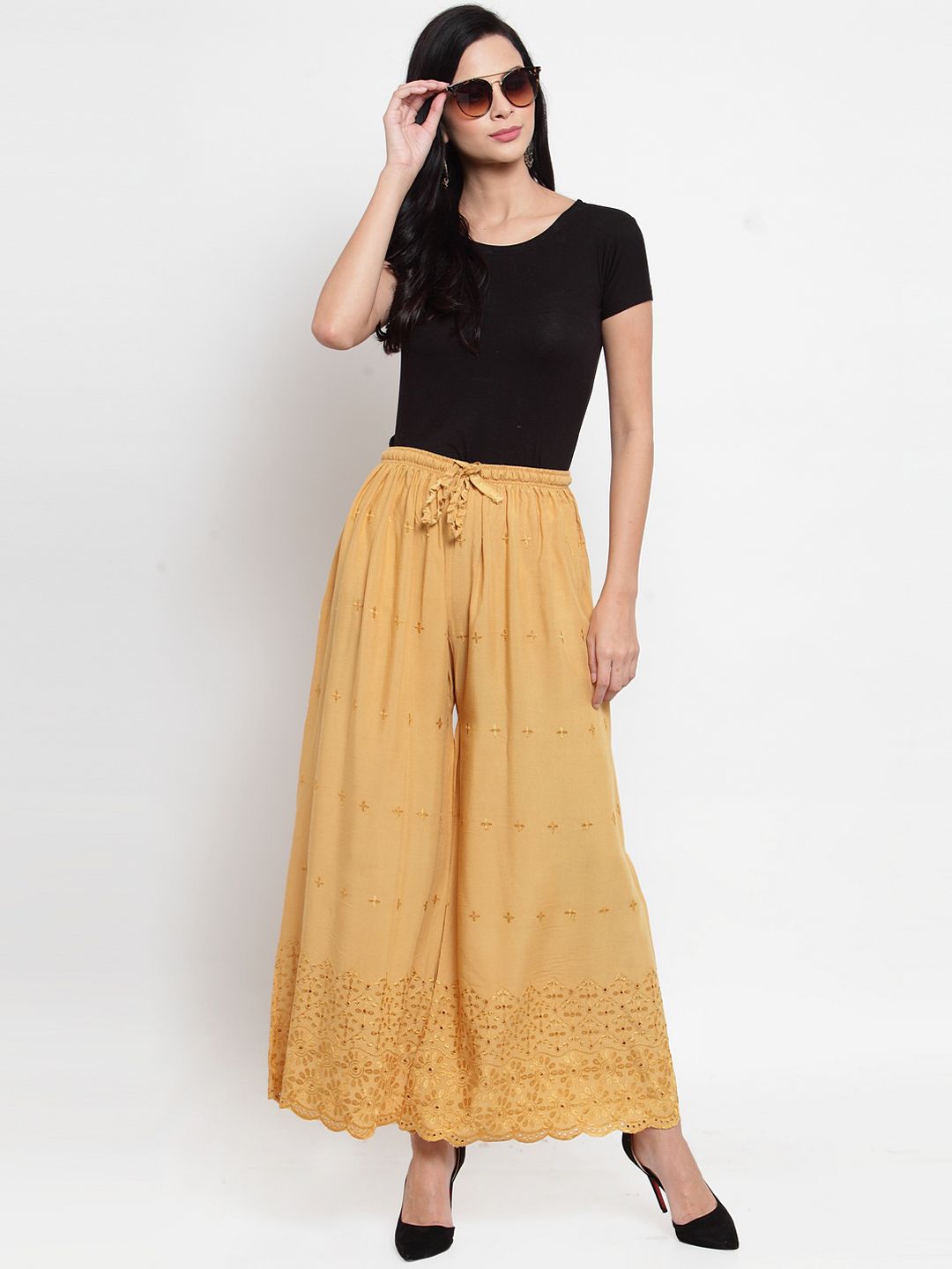 Dhimhi Women's Beige Embroidered Wide Leg Palazzos