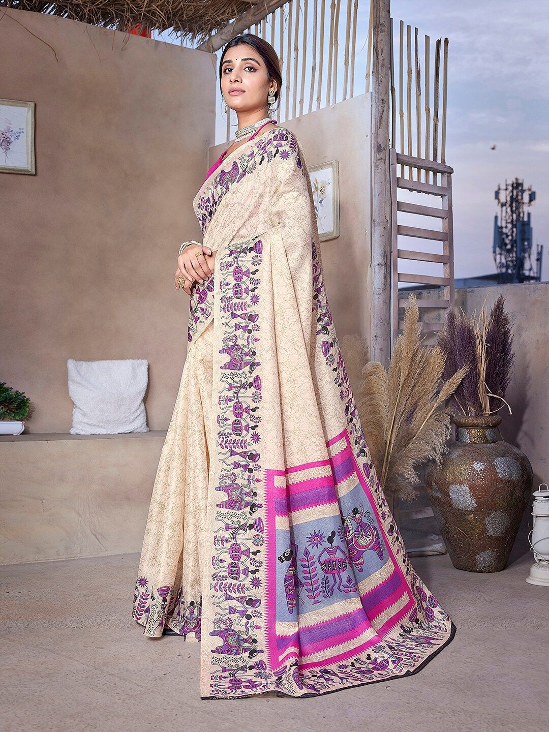 Dhimhi Women's Abstract Printed Art Silk Mysore Silk Saree