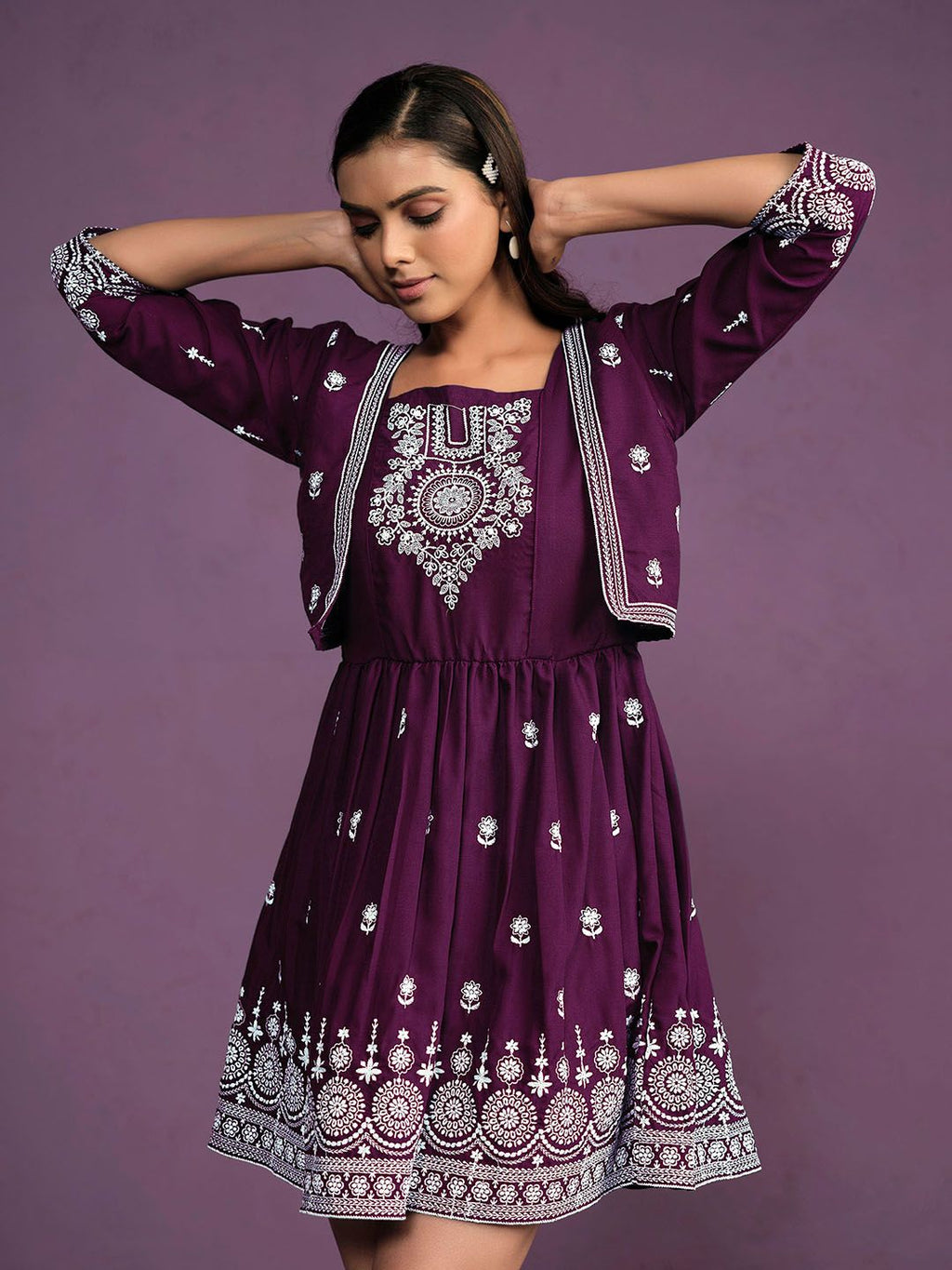 Dhimhi Women's Chikankari Embroidered Fit & Flare Ethnic Dress