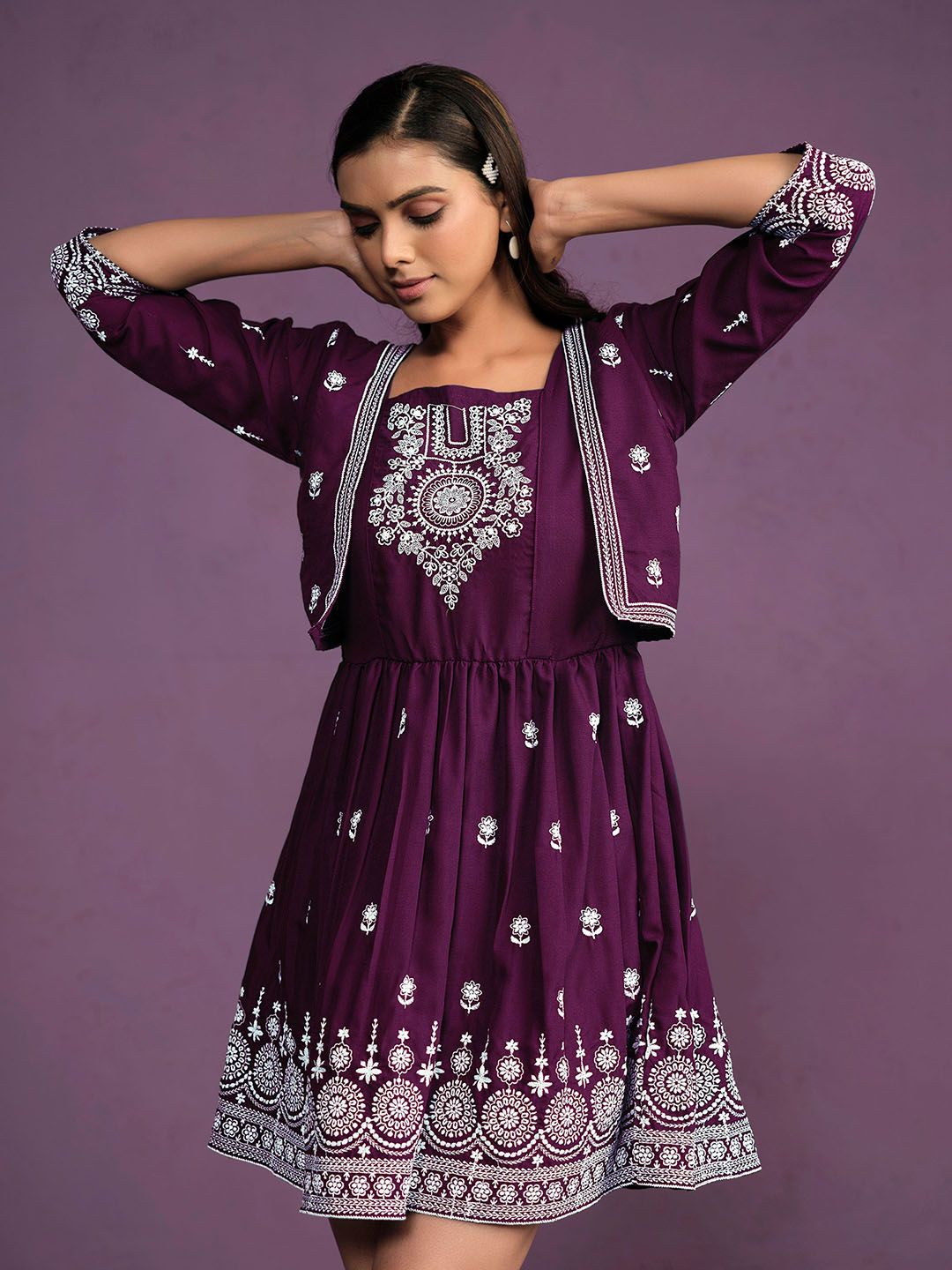 Dhimhi Women's Chikankari Embroidered Fit & Flare Ethnic Dress