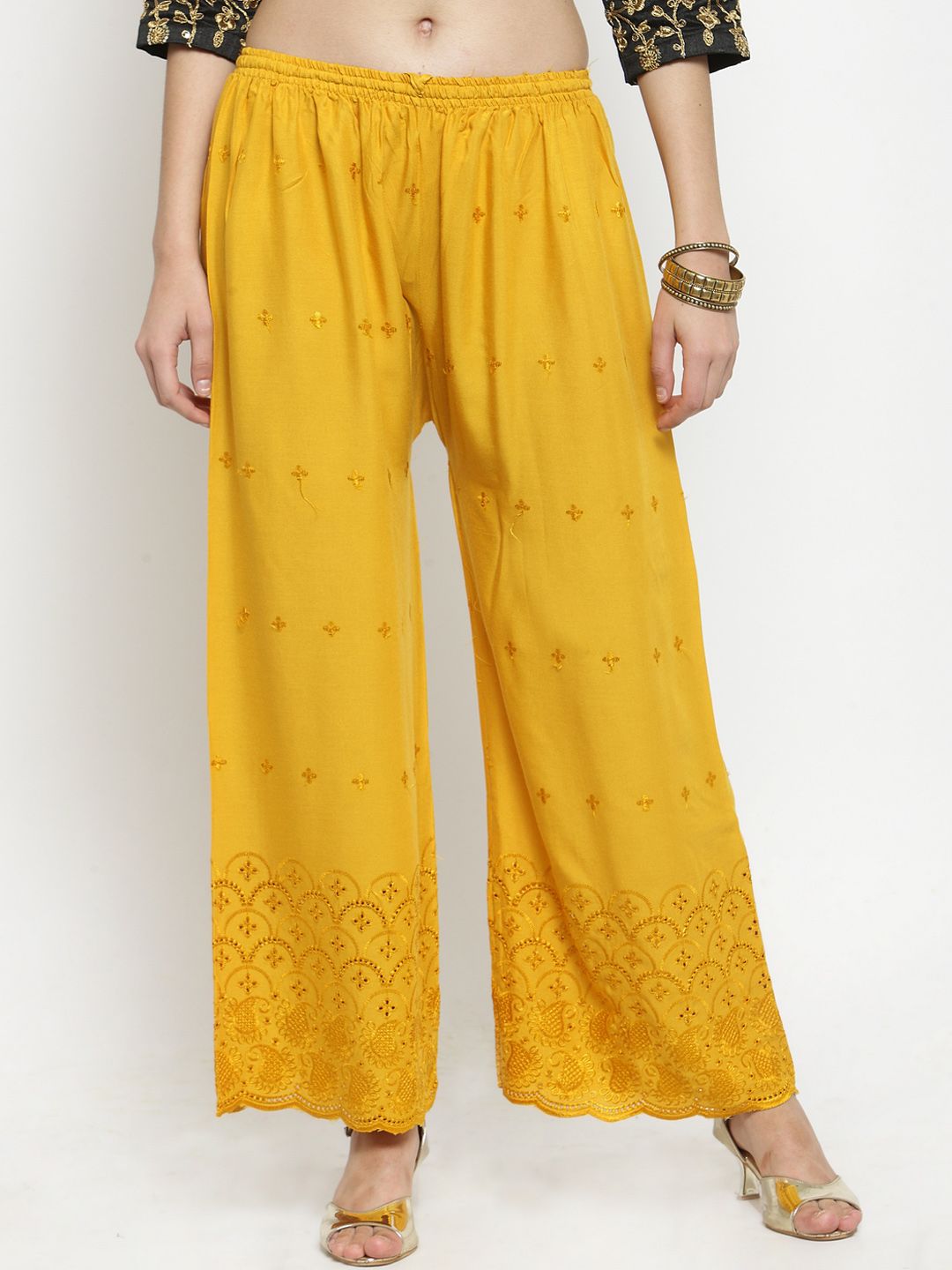 Dhimhi Women's Mustard Yellow Embroidered Straight Palazzos