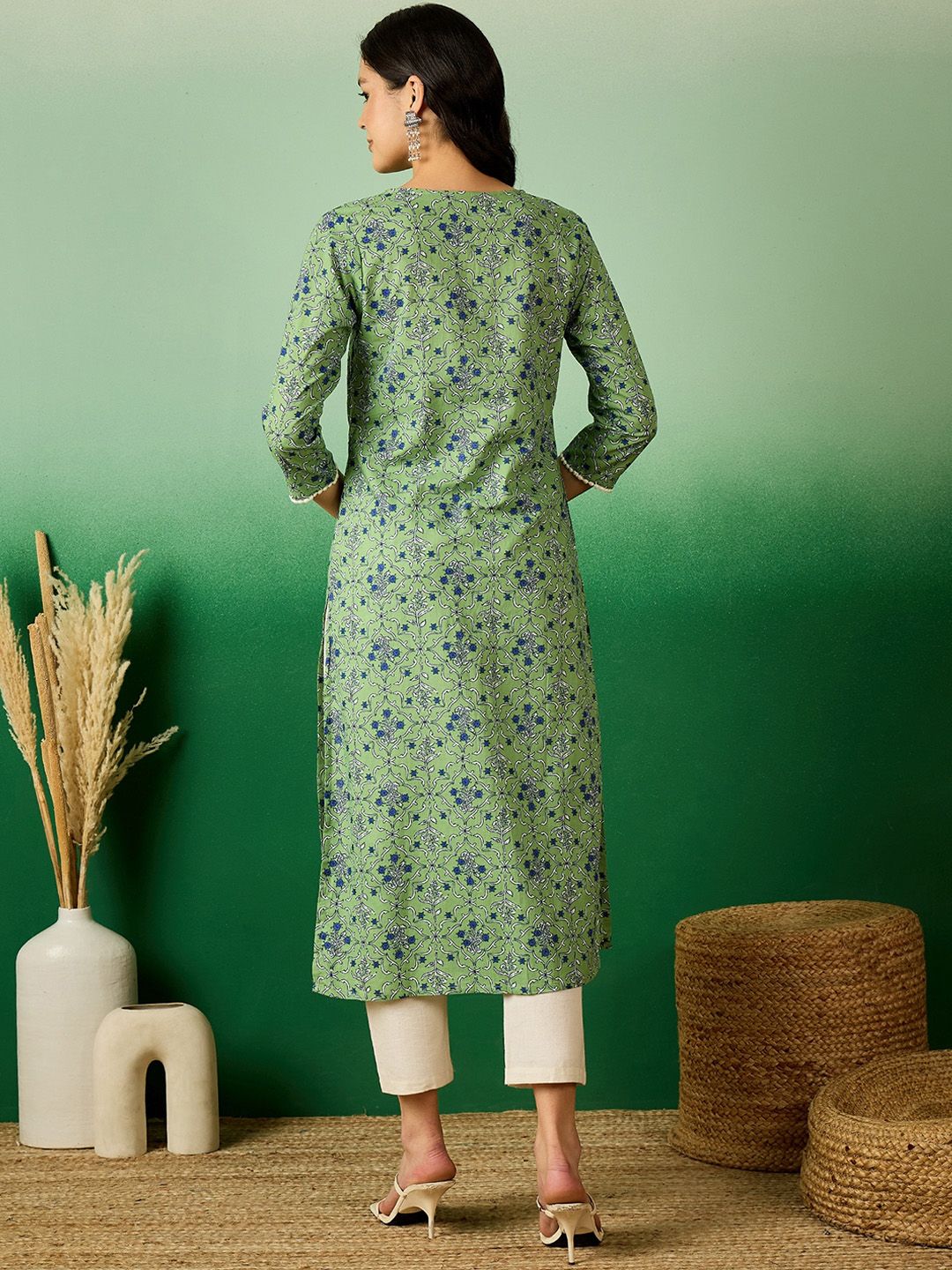Green & Blue Floral Printed Notch Neck Pure Cotton Straight Kurta